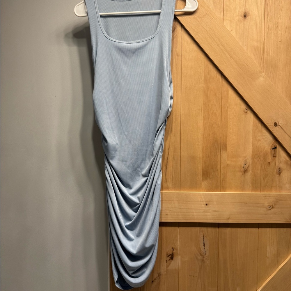 Sleeveless Light Blue Ruched Tank Dress